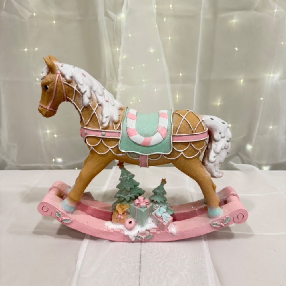 PASTEL PINK AND GREEN GLITTER NUTCRACKER HOLIDAY ROCKING HORSE-NEW